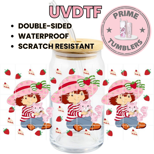 Strawberry Shortcake pink cakes 16oz Libbey Glass Cup Wrap UVDTF, Ready to apply decal STICKERS strawberries