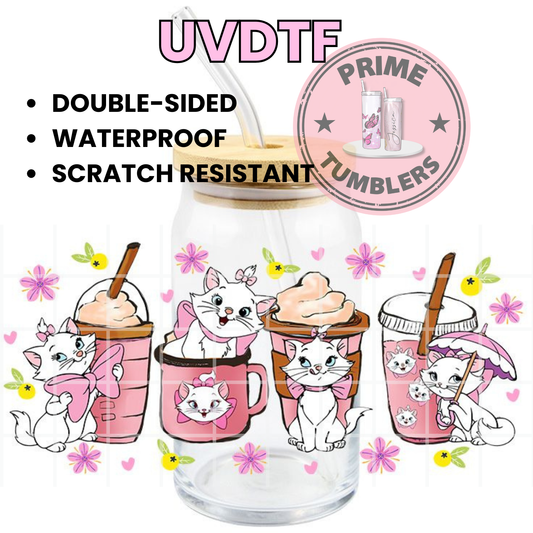 Disney's The Aristocats Marie 16oz UVDTF cup wrap, ready to apply STICKERS Turkish Angora Cat, Coffee cups with flowers