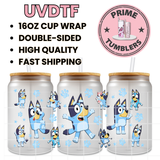 BLUEY dog animated character 16oz UVDTF cup wrap, ready to apply STICKERS Decal blue