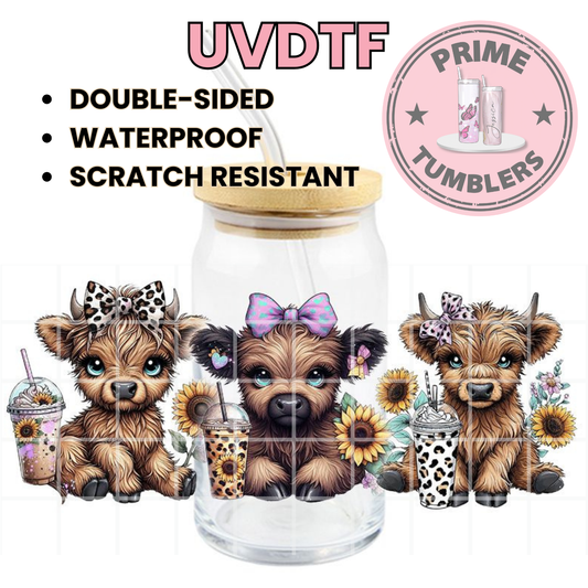 Sunflower Highland Cow 16oz UVDTF cup wrap, ready to apply STICKERS decal coffee cows