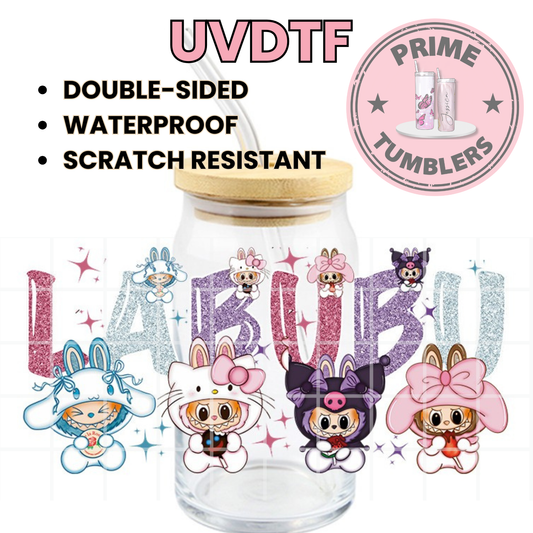 LABUBU Sanrio Hello Kitty and Friends My melody, Kuromi and Cinnamoroll 16oz UVDTF cup wrap, ready to apply STICKERS Kawaii Labubus The Monsters mazapan, paleta payaso, mango y sandia