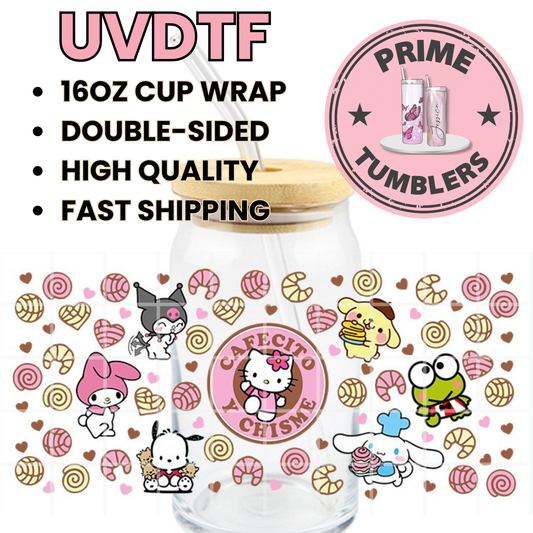 Hello Kitty and Friends Cafecito y Chisme 16oz UVDTF cup wrap, ready to apply STICKERS Sanrio HK Kawaii