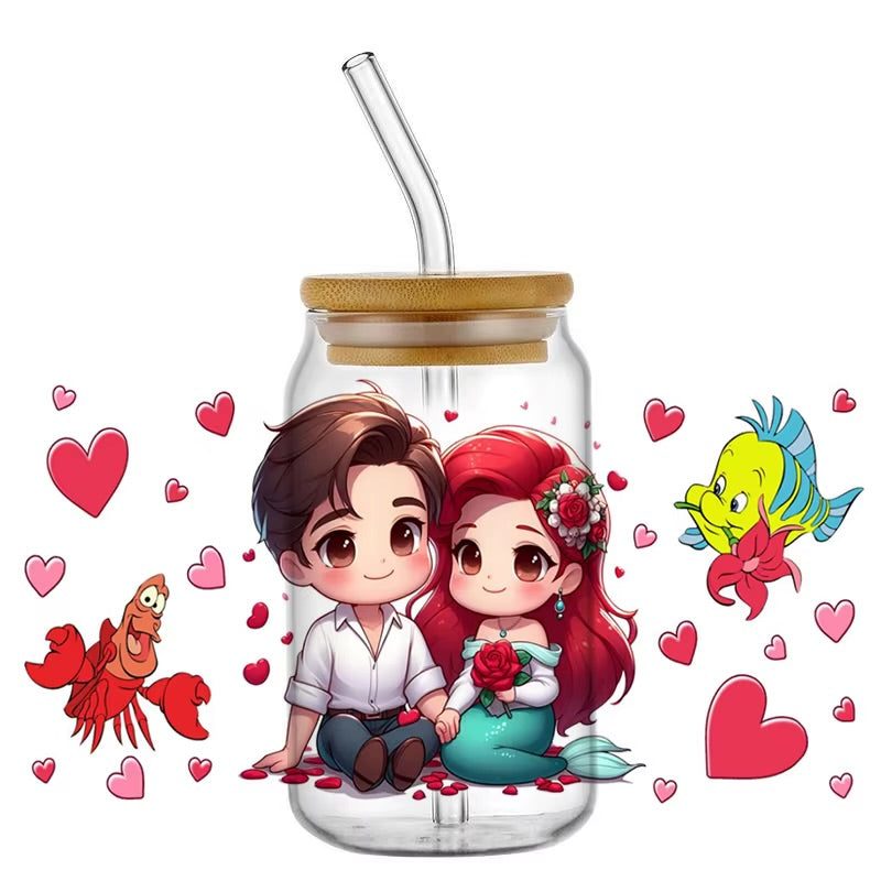Disney's The Little Mermaid movie  16oz glass can UVDTF cup wrap, ready to apply STICKERS decals Ariel and Prince Eric, along with their friends Flounder and Sebastian KAWAII
