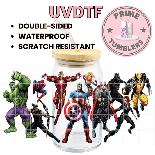 Marvel Avengers X-Men superheroes 16oz UVDTF cup wrap, ready to apply STICKERS Hulk, Hawkeye, Spider-Man, Iron Man, Captain America, Captain Marvel, Thor, Black Panther, Black Widow, and Wolverine