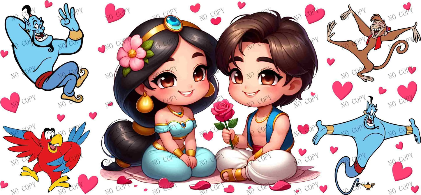 Disney movie Aladdin magic carpet 16oz UVDTF cup wrap, ready to apply STICKERS decals Princess Jasmine, Aladdin, Abu the monkey, and Genie Kawaii