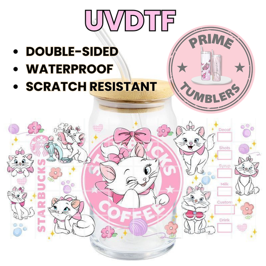 Marie Disney the Aristocats 16oz UVDTF cup wrap, ready to apply STICKERS Turkish Angora Cat, Starbucks Coffee logo with flowers, paw prints and yarn balls