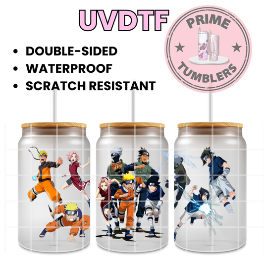 Naruto Uzumaki, Sasuke Uchiha, Sakura Haruno, and Kakashi Hatake. Ready-to-press UVDTF Transfers, Cup wrap decals, Tumbler prints, 16oz Libbey Glass UV STICKERS Japanese manga and anime series