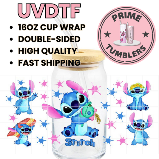 Disney movie Lilo & Stitch 16oz Libbey Glass Cup Wrap UVDTF, Ready to apply decal STICKERS pink and blue Experiment 626