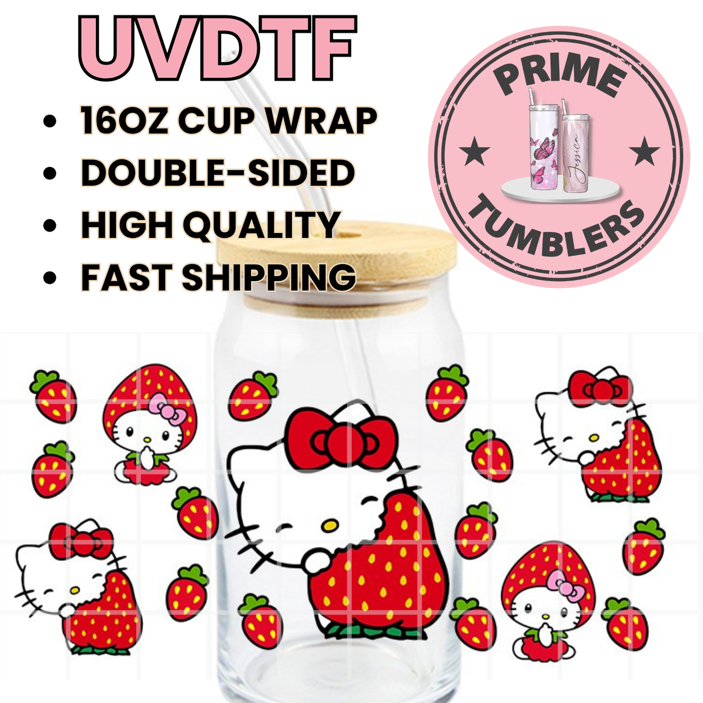 STRAWBERRY Hello Kitty HK 16oz UVDTF cup wrap, ready to apply STICKERS