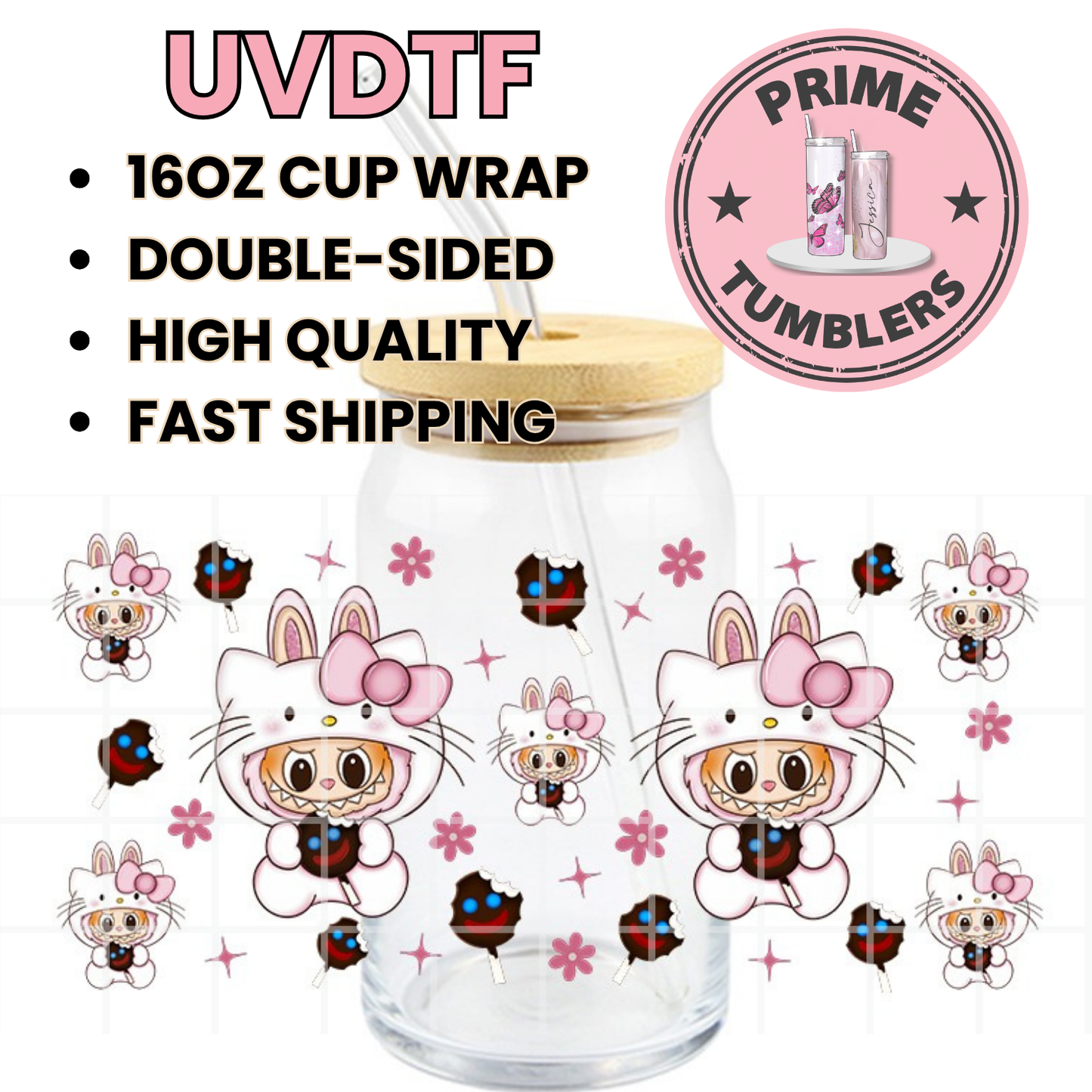 LABUBU Sanrio Hello Kitty paleta payaso 16oz UVDTF cup wrap, ready to apply STICKERS Kawaii Labubus The Monsters