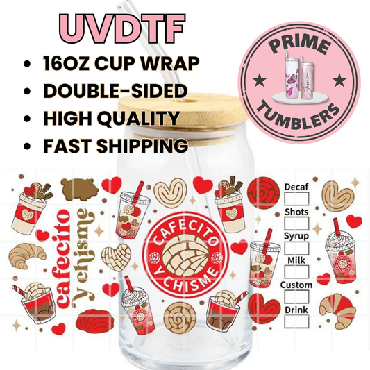 Cafecito y Chisme red conchas cafe 16oz UVDTF cup wrap, ready to apply STICKERS on