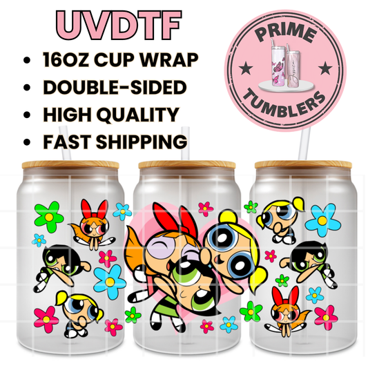 The Powerpuff Girls
 Heart 16oz Libbey Glass Cup Wrap UVDTF, Ready to apply decal STICKERS