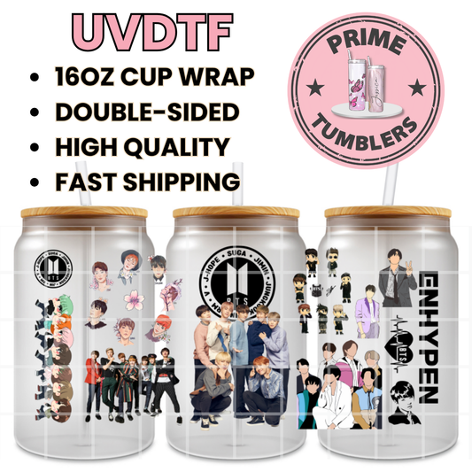 K-pop popular boy bands South Korean BTS (Bangtan Sonyeondan) and ENHYPEN 16oz Libbey Glass Cup Wrap UVDTF, Ready to apply decal STICKERS Jin, Suga, J-Hope, RM, Jimin, V, and Jungkook.