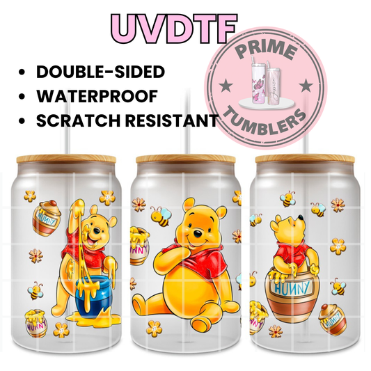 Disney’s Winnie the Pooh Bear, honey 16oz Libbey Glass Cup Wrap UVDTF, Ready to apply decal STICKERS Walt Disney Hundred Acre Wood hunny
