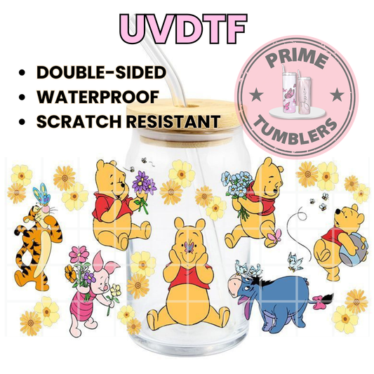 Disney's Winnie the Pooh Bear, Piglet, Tigger, and Eeyore 16oz Libbey Glass Cup Wrap UVDTF, Ready to apply decal STICKERS Walt Disney Christopher Robin
