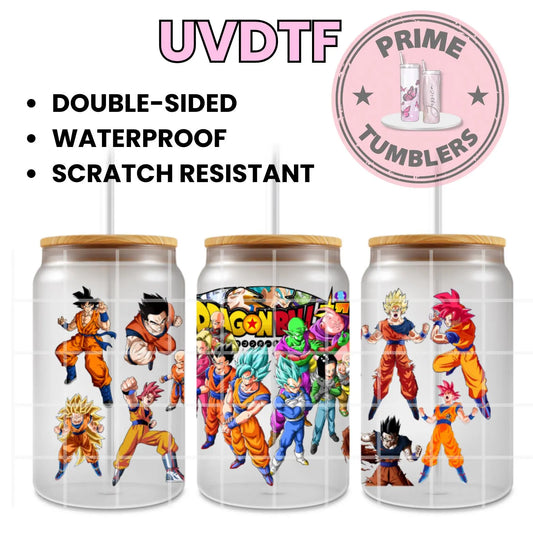 Dragon Ball Z Ready-to-press UVDTF Transfers, Cup wrap decals, Tumbler prints, 16oz Libbey Glass UV STICKERS DBZ Japanese Anime and Manga Goku, Vegeta, Gohan, and Piccolo