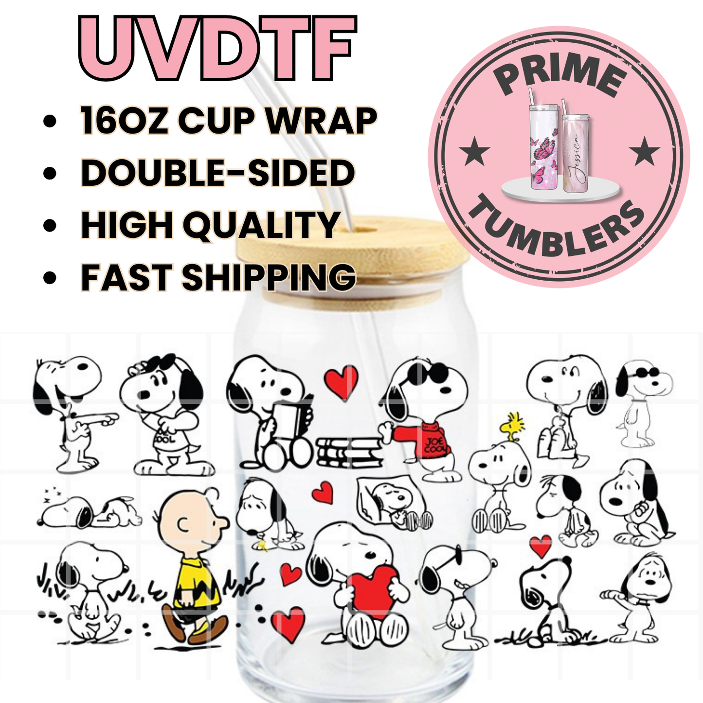 Snoopy Peanuts Charlie Brown 16oz UVDTF cup wrap, ready to apply STICKERS