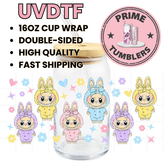 LABUBU flowers hearts 16oz Libbey Glass Cup Wrap UVDTF, Ready to apply decal STICKERS Labubus aesthetic plush dolls The Monsters Pop Mart