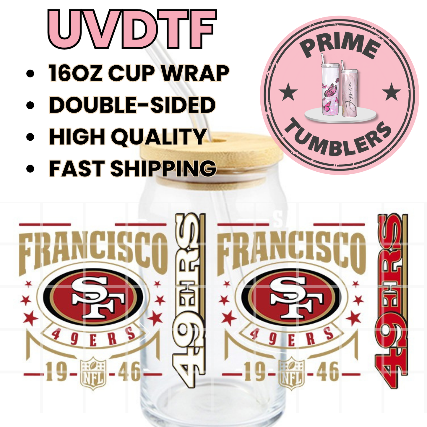 1946 Football 49ers Niners mix SF San Francisco 16oz UVDTF cup wrap, ready to apply STICKERS