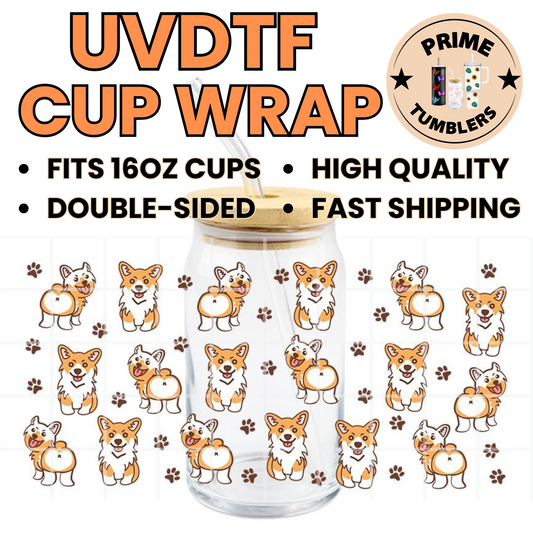Corgi pocichutku 16oz UVDTF cup wrap, ready to apply STICKERS dog decal
