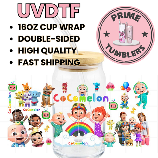COCOMELON cartoon baby 16oz UVDTF cup wrap, ready to apply STICKER Decal Baby JJ, family, and animal friends