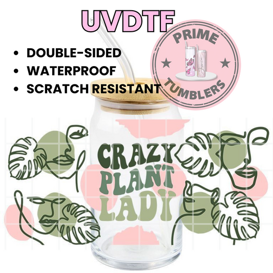 CRAZY plant LADY PLANTS 16oz UVDTF cup wrap, ready to apply STICKERS green women