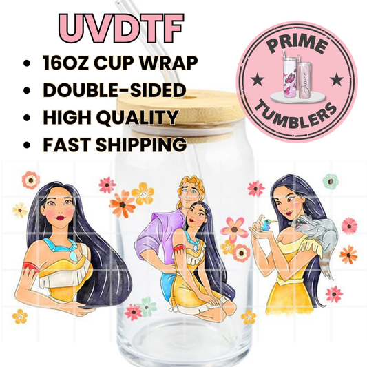 Disney character Pocahontas and John Smith 16oz UVDTF cup wrap, ready to apply STICKERS on Native American Powhatan tribe, Meeko raccoon and Flit hummingbird