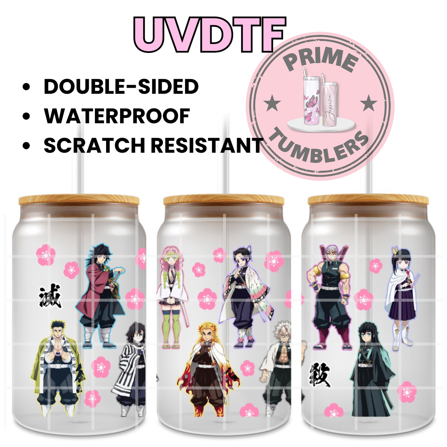Demon Slayer Ready-to-press UVDTF Transfers, Cup wrap decals, Tumbler prints, 16oz Libbey Glass UV STICKERS anime manga Giyu Tomioka, Mitsuri Kanroji, Shinobu Kocho, Kyojuro Rengoku, Tengen Uzui, Muichiro Tokito, Gyomei Himejima Tanjiro and Nezuko Kamado