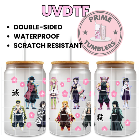 Demon Slayer Ready-to-press UVDTF Transfers, Cup wrap decals, Tumbler prints, 16oz Libbey Glass UV STICKERS anime manga Giyu Tomioka, Mitsuri Kanroji, Shinobu Kocho, Kyojuro Rengoku, Tengen Uzui, Muichiro Tokito, Gyomei Himejima Tanjiro and Nezuko Kamado