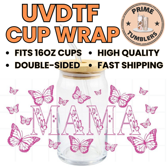 MAMA butterflies pink/purple 16oz UVDTF cup wrap, ready to apply STICKERS Mom butterfly
