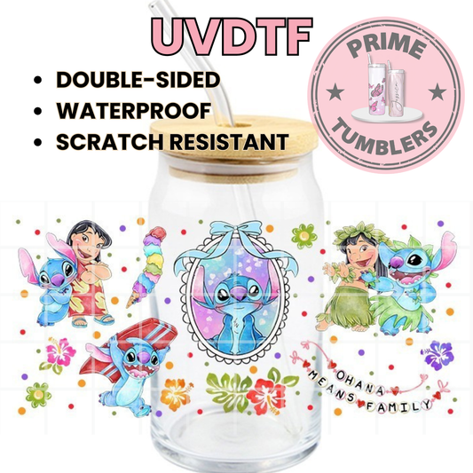 Disney's Lilo & Stitch 16oz Libbey Glass Cup Wrap UVDTF, Ready to apply decal STICKERS hibiscus flowers and Hawaiian Ohana Means Family