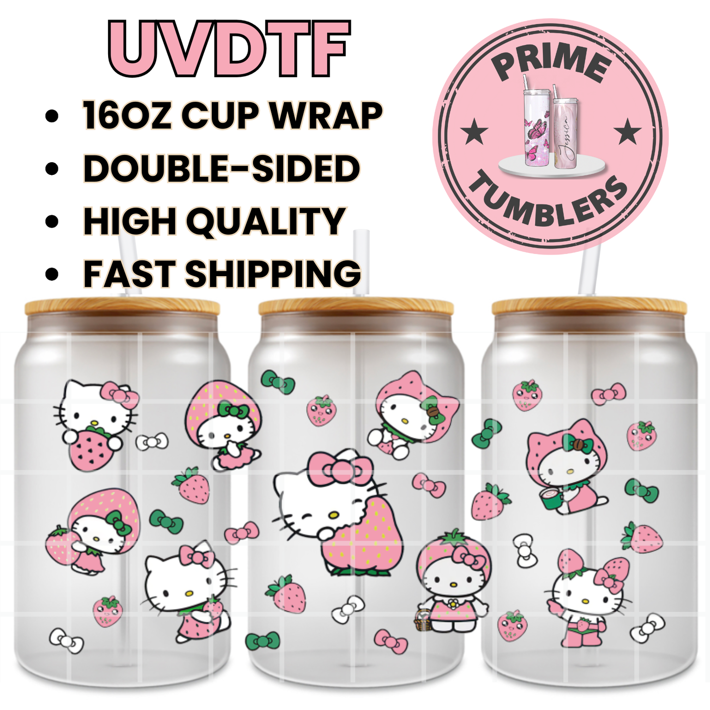 Strawberry Hello Kitty pink 16oz UVDTF cup wrap, ready to apply STICKERS Sanrio HK strawberries Kawaii