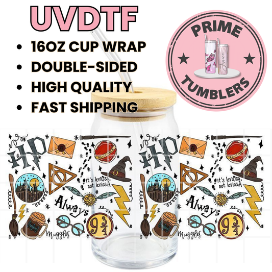 HARRY POTTER 16oz Libbey Glass Cup Wrap UVDTF, Ready to apply decal STICKERS HP Hogwarts castle, Deathly Hallows symbol, Golden Snitch, Platform 9¾ sign, sorting hat, broomstick, butterbeer mug It's leviOsa, not leviosA