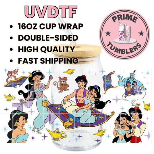 Disney movie Aladdin magic carpet 16oz UVDTF cup wrap, ready to apply STICKERS decals Princess Jasmine, Aladdin, Abu the monkey, and Genie