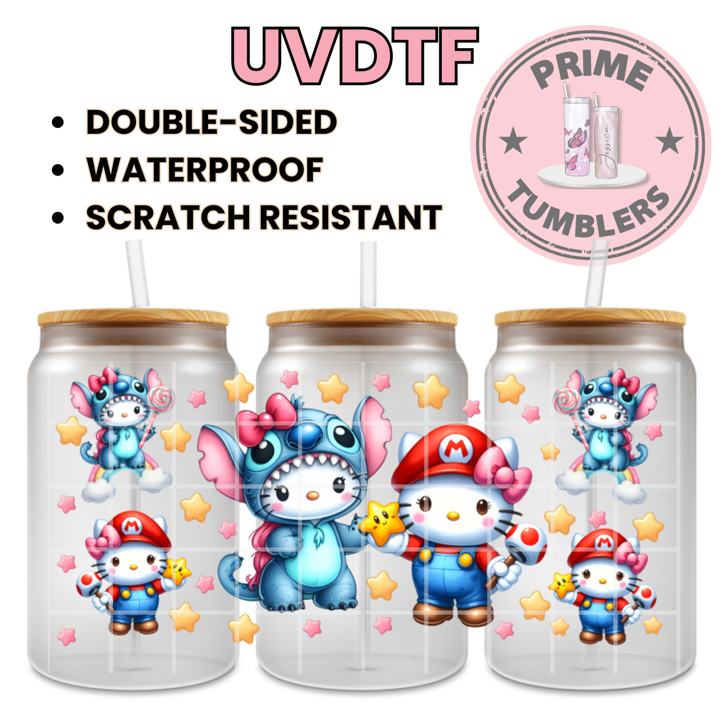 Hello Kitty Stitch and Mario 16oz UVDTF cup wrap, ready to apply STICKERS Sanrio HK Kawaii