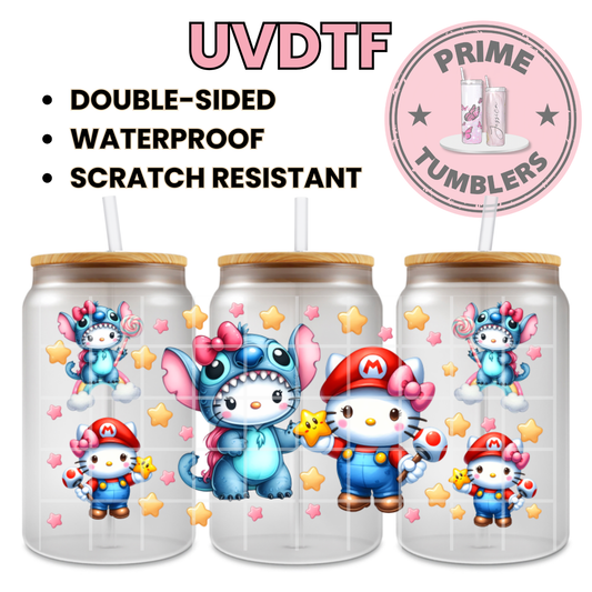 Hello Kitty Stitch and Mario 16oz UVDTF cup wrap, ready to apply STICKERS Sanrio HK Kawaii