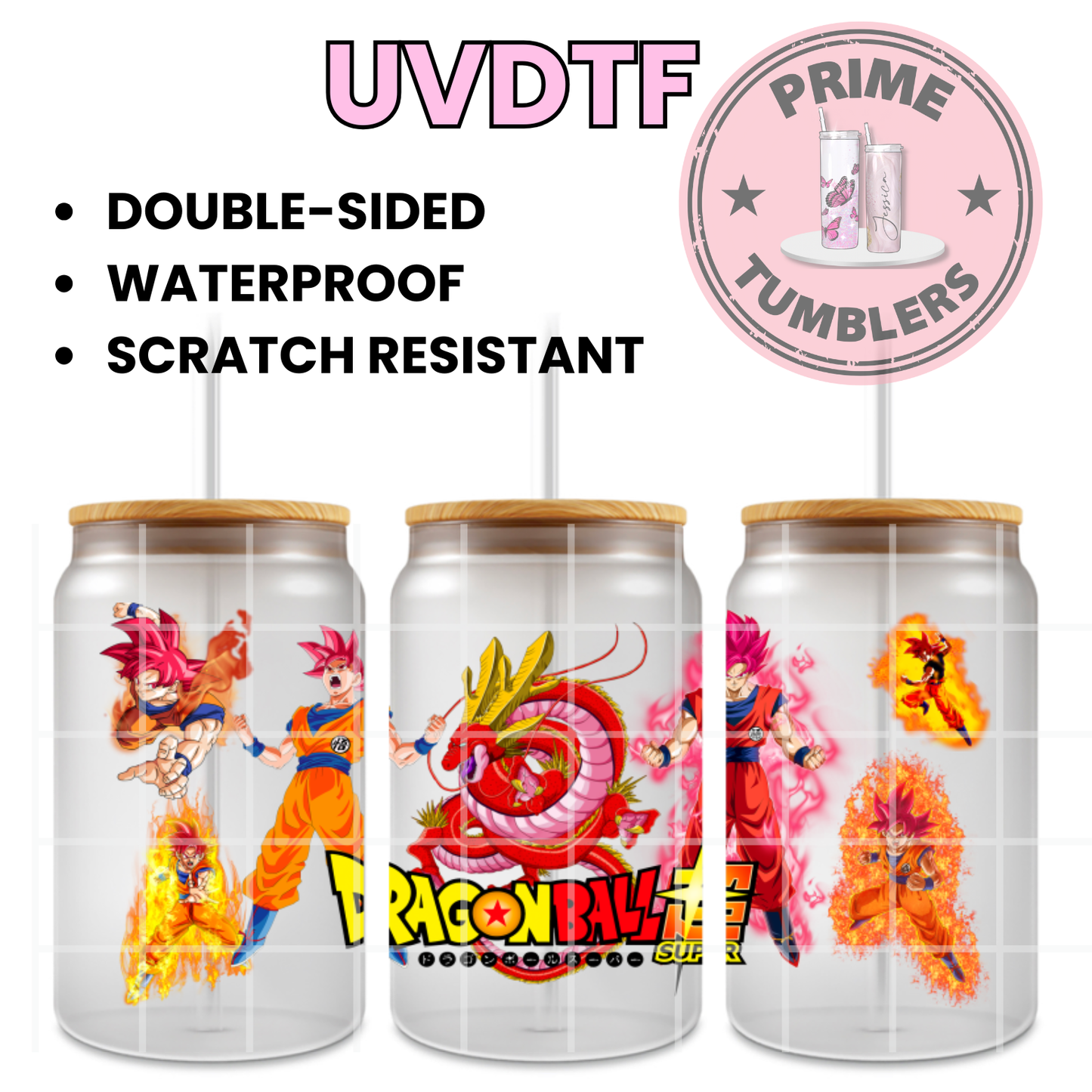 Dragon Ball Z Ready-to-press UVDTF Transfers, Cup wrap decals, Tumbler prints, 16oz Libbey Glass UV STICKERS DBZ Japanese Anime and Manga Goku, Goku in his Super Saiyan God red