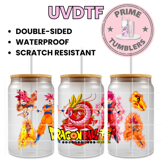 Dragon Ball Z Ready-to-press UVDTF Transfers, Cup wrap decals, Tumbler prints, 16oz Libbey Glass UV STICKERS DBZ Japanese Anime and Manga Goku, Goku in his Super Saiyan God red