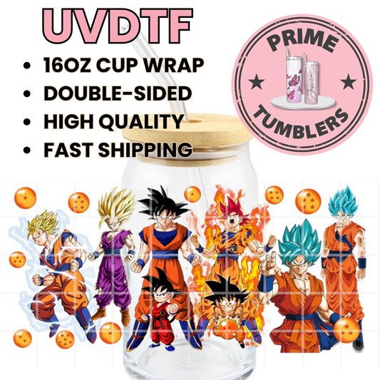DBZ Dragon Ball Z characters Ready-to-press UVDTF Transfers, Cup wrap decals, Tumbler prints, 16oz Libbey Glass UV STICKERS Goku, such as Super Saiyan, Super Saiyan God, and Super Saiyan Blue