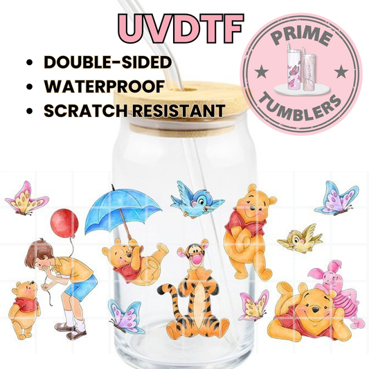 Disney’s Winnie the Pooh Bear and his friends Christopher Robin, Piglet, and Tigger 16oz Libbey Glass Cup Wrap UVDTF, Ready to apply decal STICKERS Walt Disney