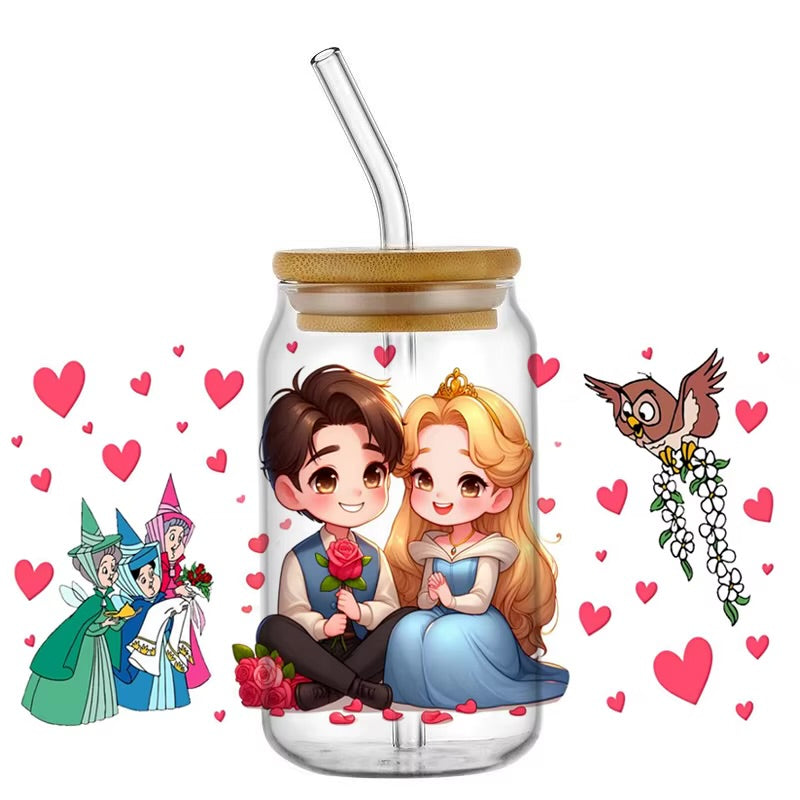Disney's Sleeping Beauty 16oz glass can UVDTF cup wrap, ready to apply STICKERS Princess Aurora, Prince Phillip and fairies Flora, Fauna, and Merryweather