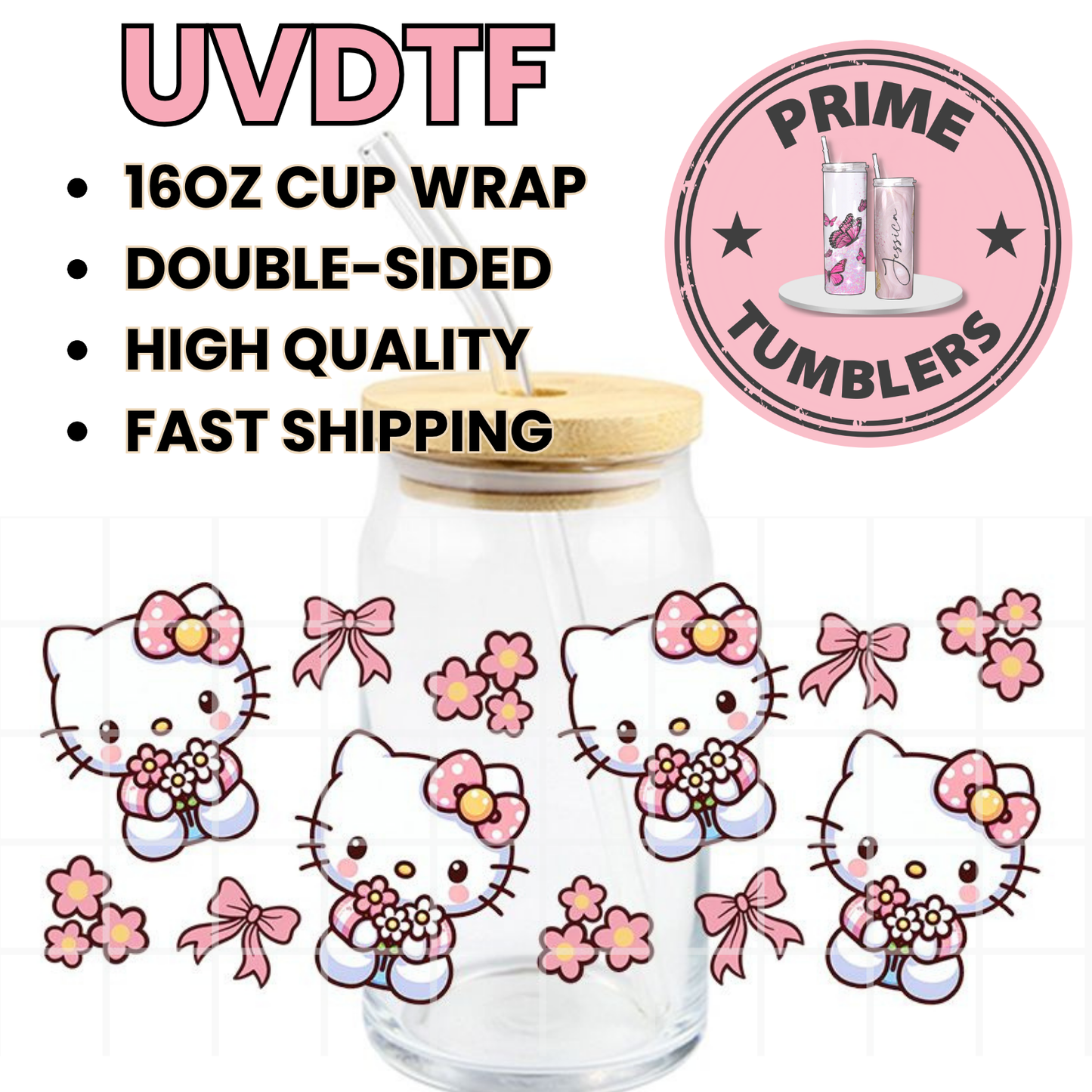 Hello KITTY bows pink 16oz UVDTF cup wrap, ready to apply STICKERS