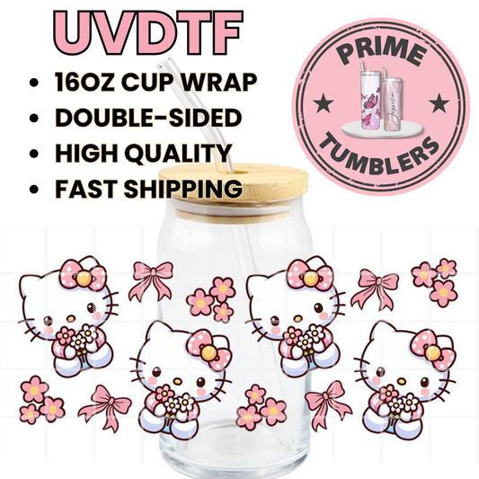 Hello KITTY bows pink 16oz UVDTF cup wrap, ready to apply STICKERS