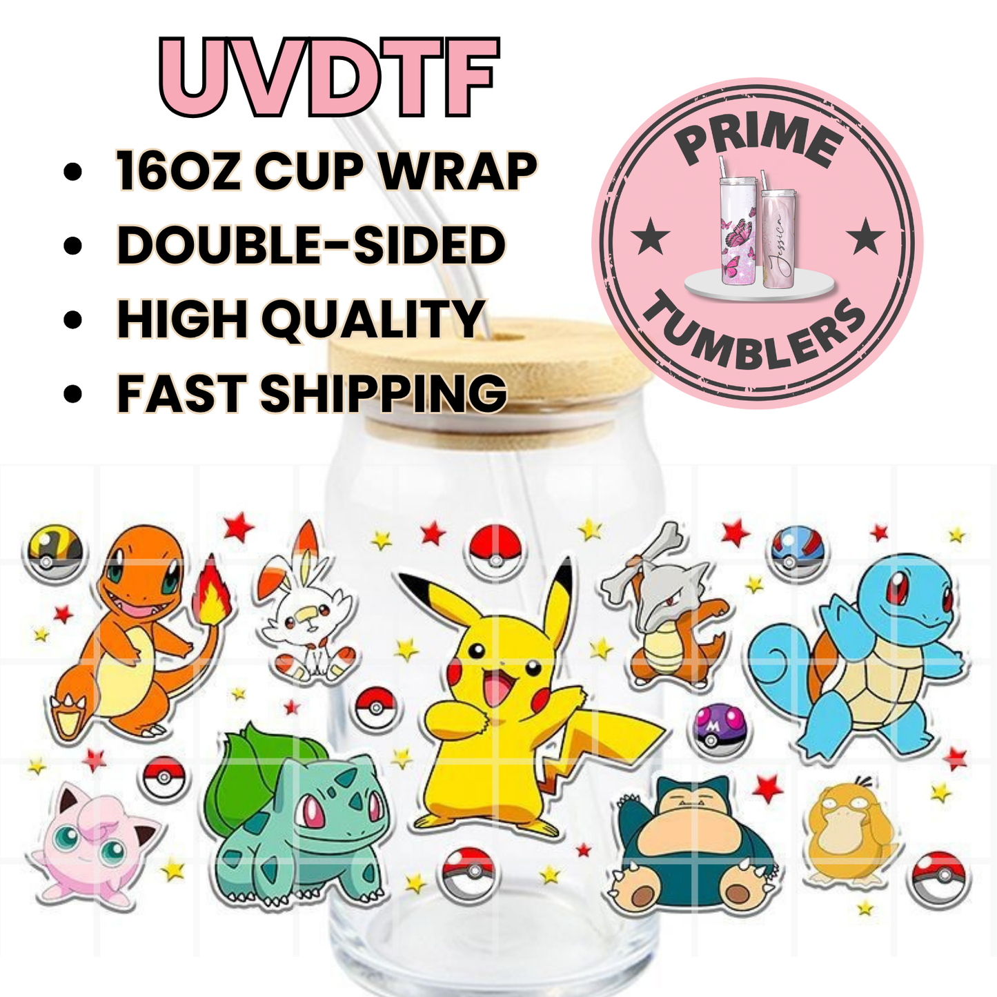 POKEMON Pikachu, Charmander, Bulbasaur, Squirtle, Snorlax, Cubone, Jigglypuff, Scorbunny, and Psyduck 16oz UVDTF cup wrap, ready to apply STICKERS Decal Poke Balls
