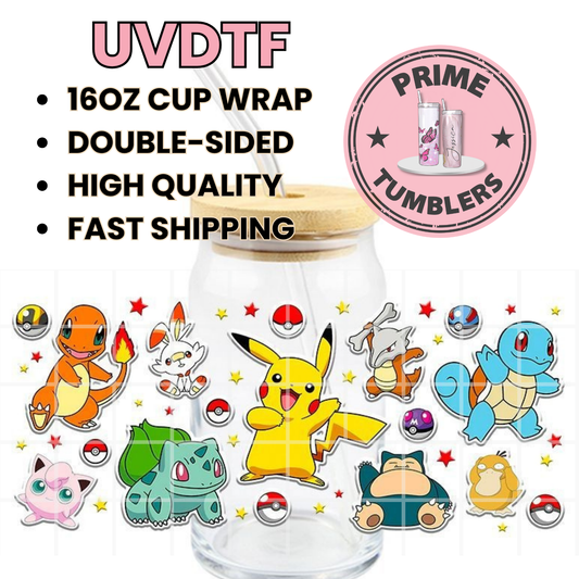 POKEMON Pikachu, Charmander, Bulbasaur, Squirtle, Snorlax, Cubone, Jigglypuff, Scorbunny, and Psyduck 16oz UVDTF cup wrap, ready to apply STICKERS Decal Poke Balls