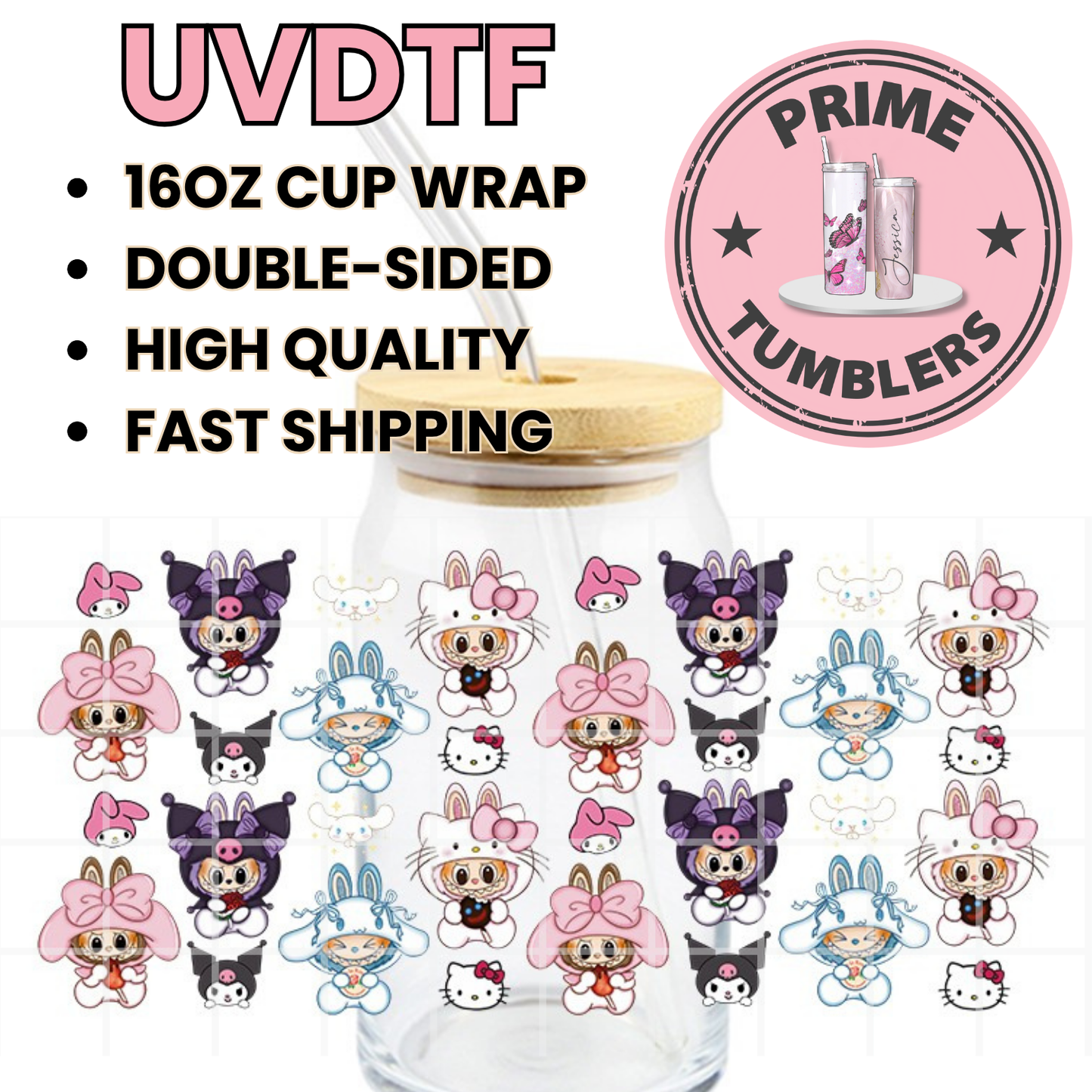 SANRIO Kawaii cute LABUBU 16oz UVDTF cup wrap, ready to apply STICKERS Labubus Hello Kitty and Friends My melody, Kuromi and Cinnamonroll