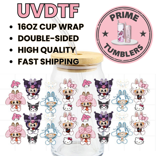 SANRIO Kawaii cute LABUBU 16oz UVDTF cup wrap, ready to apply STICKERS Labubus Hello Kitty and Friends My melody, Kuromi and Cinnamonroll