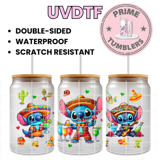Disney's Stitch Mexican sombrero 16oz Libbey Glass Cup Wrap UVDTF, Ready to apply decal STICKERS alien
