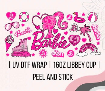 Barbie KEN pink 16oz Libbey Glass Cup Wrap UVDTF, Ready to apply decal STICKERS rainbow, beach ball, flamingo floatie and palm tree