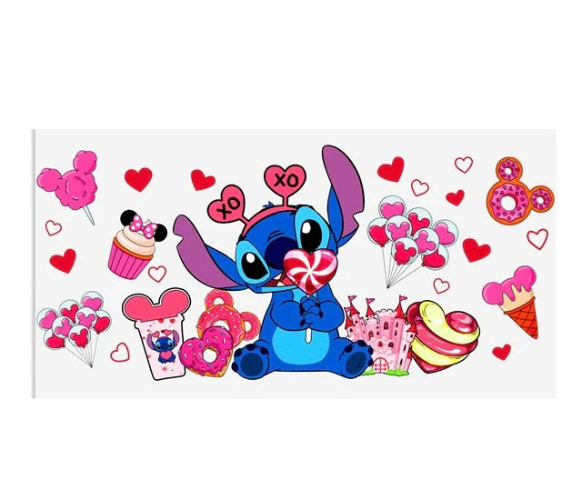Disney Stitch LOVE 16oz Libbey Glass Cup Wrap UVDTF, Ready to apply decal STICKERS Valentine’s Day hearts, balloons, cupcake with a Minnie Mouse bow, and pink castle